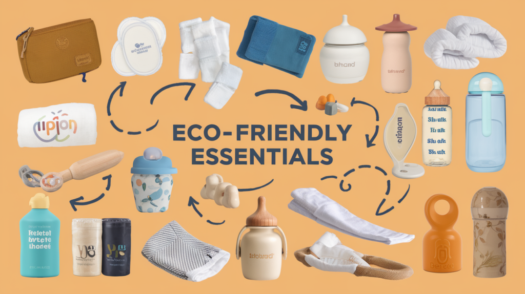 Various eco-friendly baby essentials are pictured from above, including containers, bottles, burp cloths, and other supplies arranged on a light brown background.