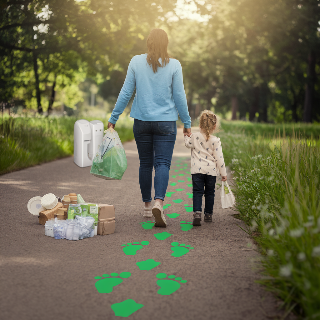 A woman and child are walking away down a path marked with green footprints, with packages and bags placed to the side in a park-like setting.