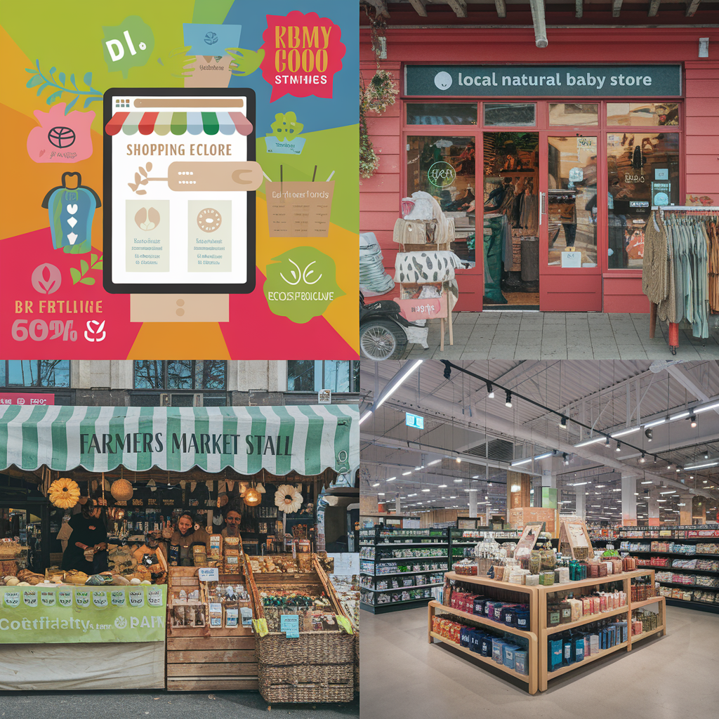 A four-part image collage presents shopping options for eco-friendly baby products, showcasing a phone with a shopping app, a local baby store facade, a farmer's market stall, and a grocery store aisle.