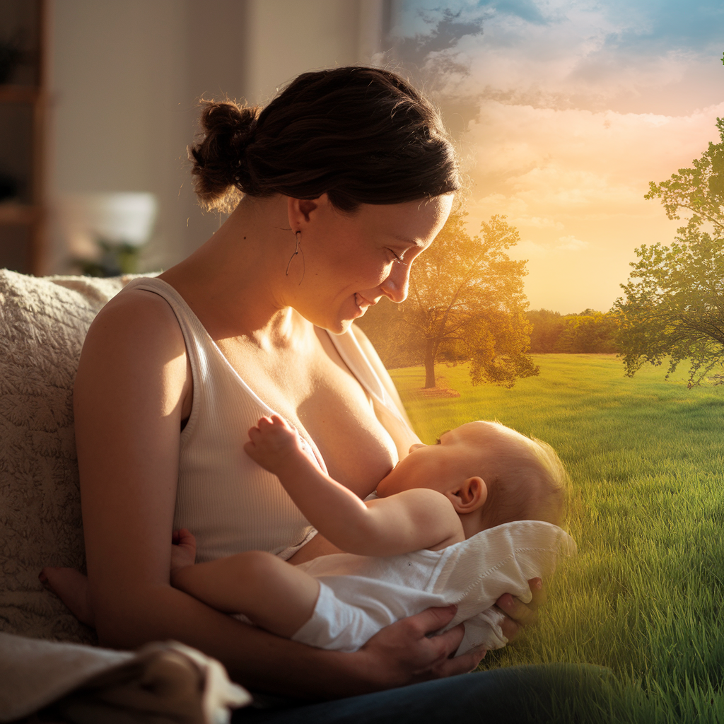A mother with her hair in a bun is smiling lovingly at her baby who is nursing in a sunlit outdoor setting with trees.